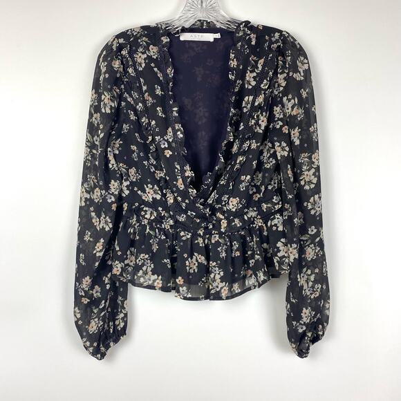 ASTR The Label Ditsy Floral Chiffon Faux Wrap Sheer Sleeve Womens Size Small - Picture 3 of 13